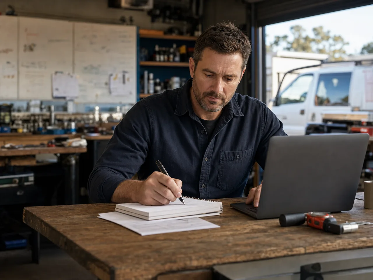 Australian trade business owner reviewing jobs in a workshop office